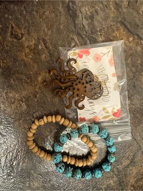 Turquoise & Natural Bead Bracelet Set with Octopus Charm